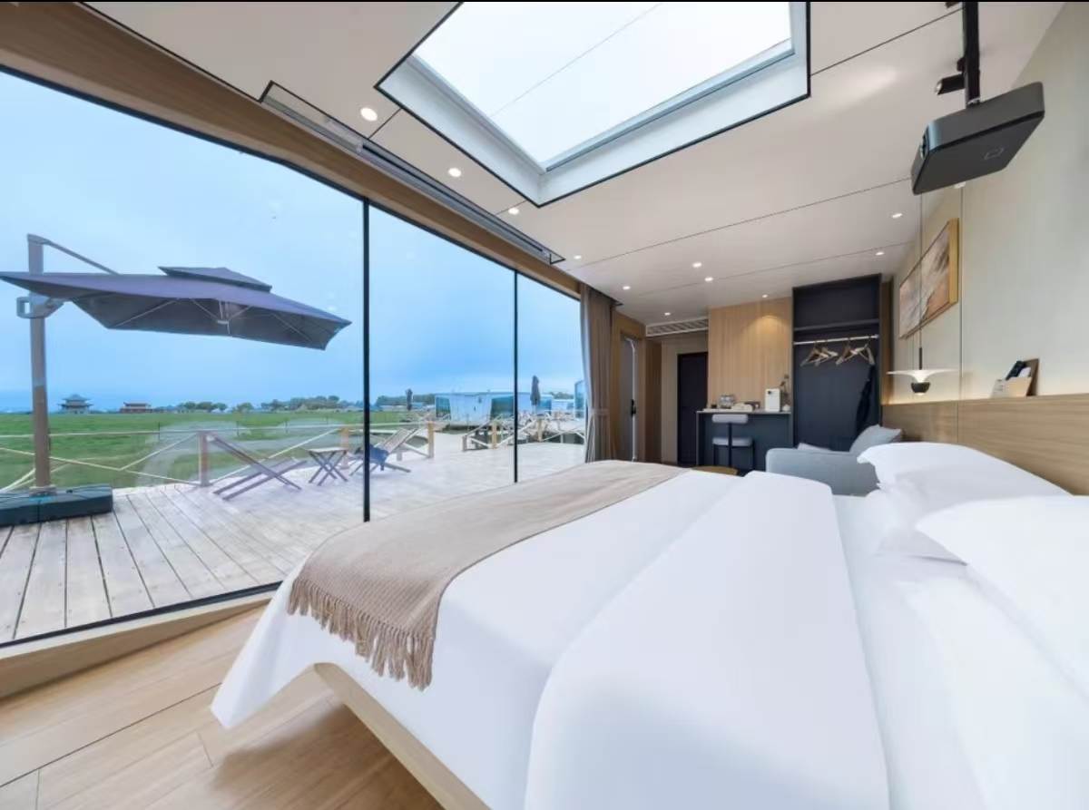 Space capsule cabin bedroom with deck view