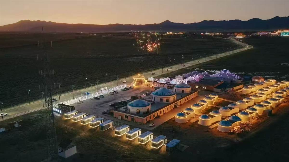 Real aerial night photo of an installed capsule cabin project
