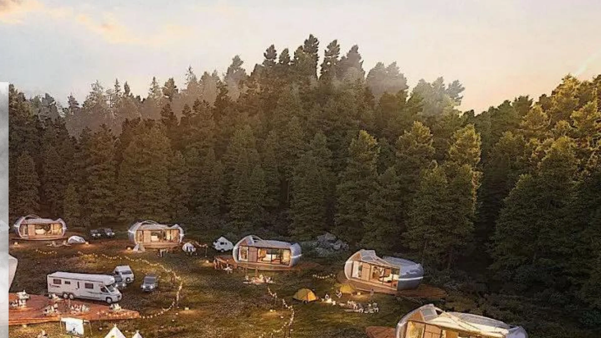 Capsule accommodation connected by paths within a forest resort landscape