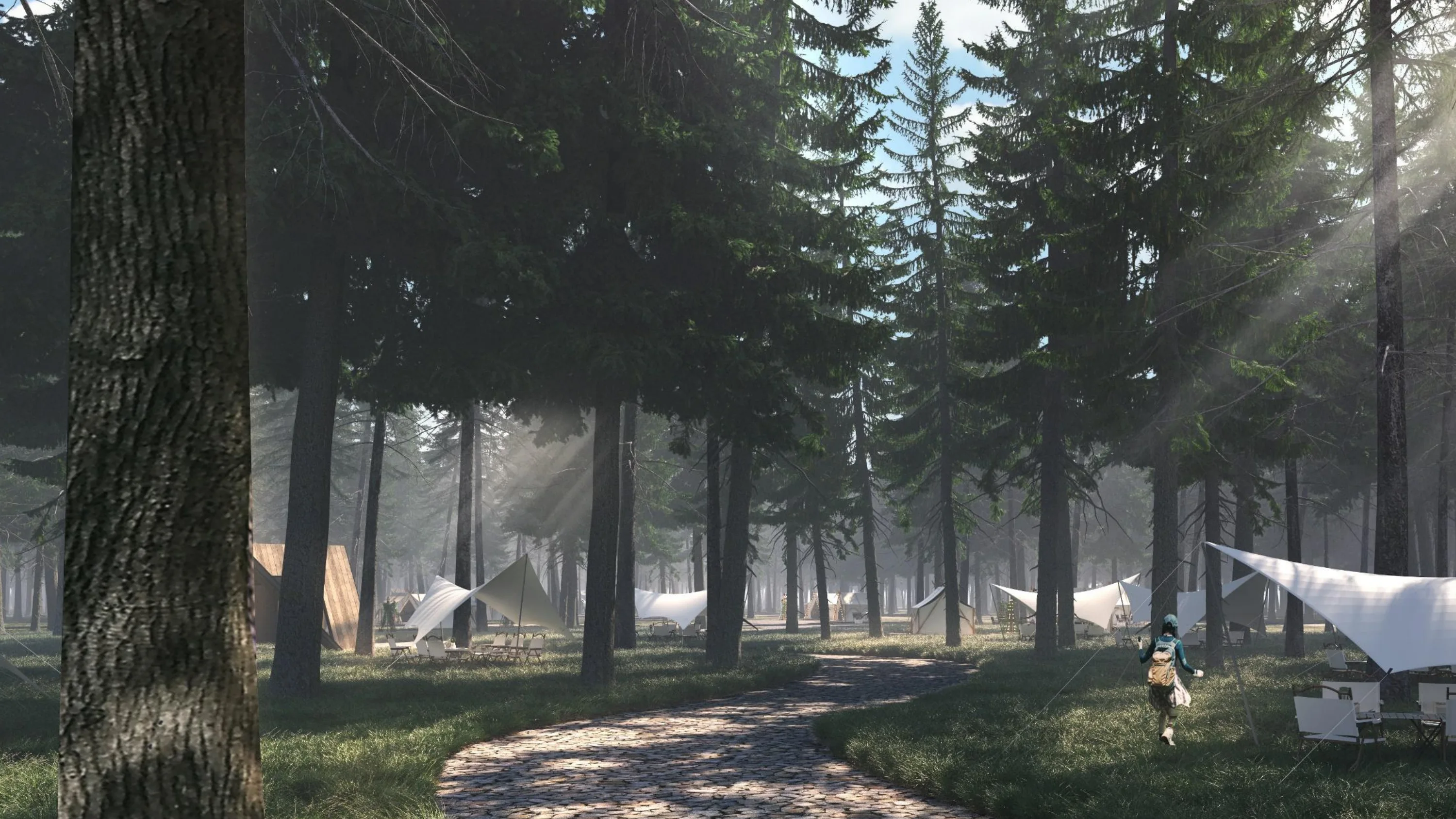Forest paths, activity spaces and guest-scale experiences showing a possible resort direction