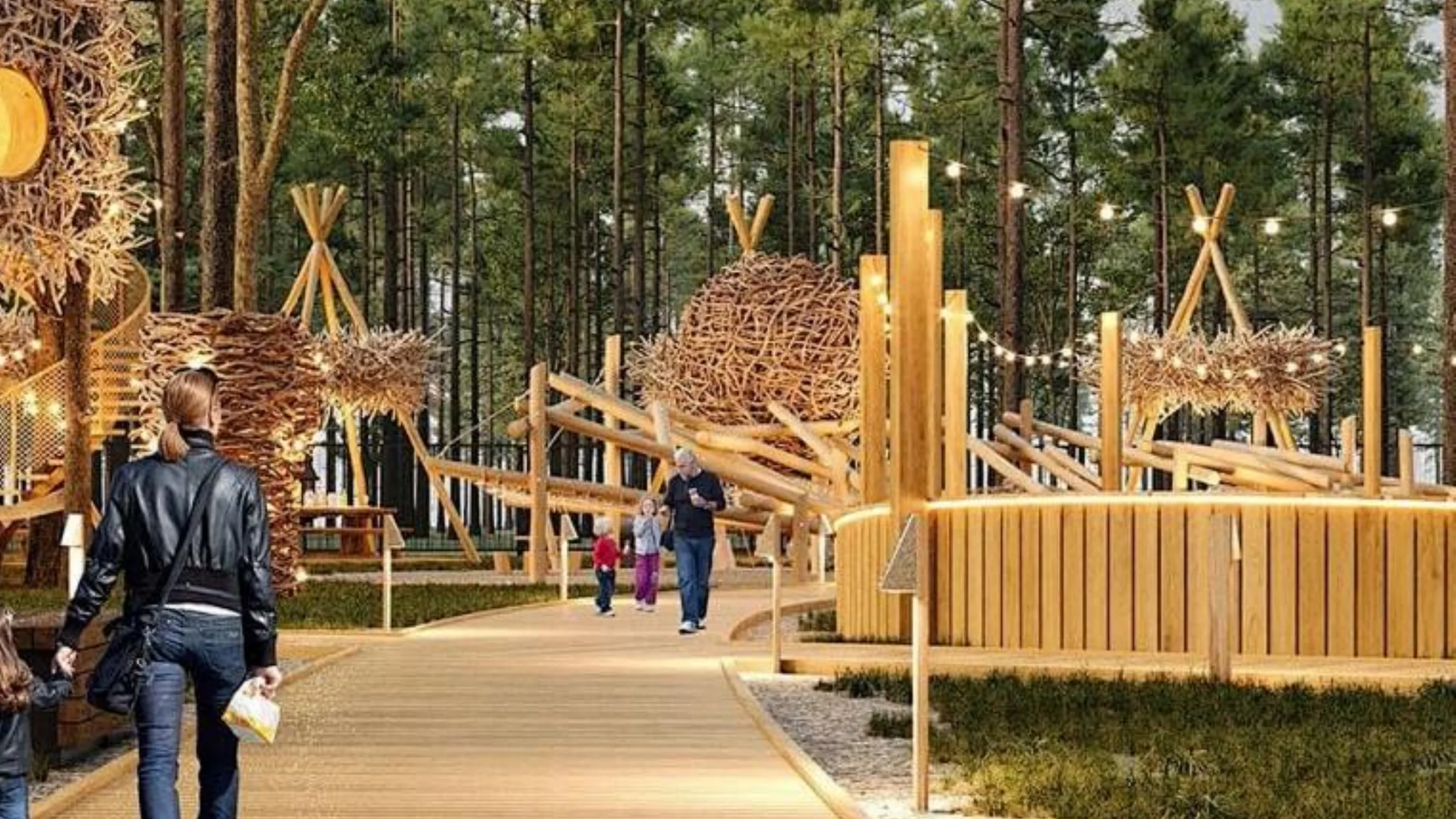 Family walking along a forest boardwalk toward activity spaces