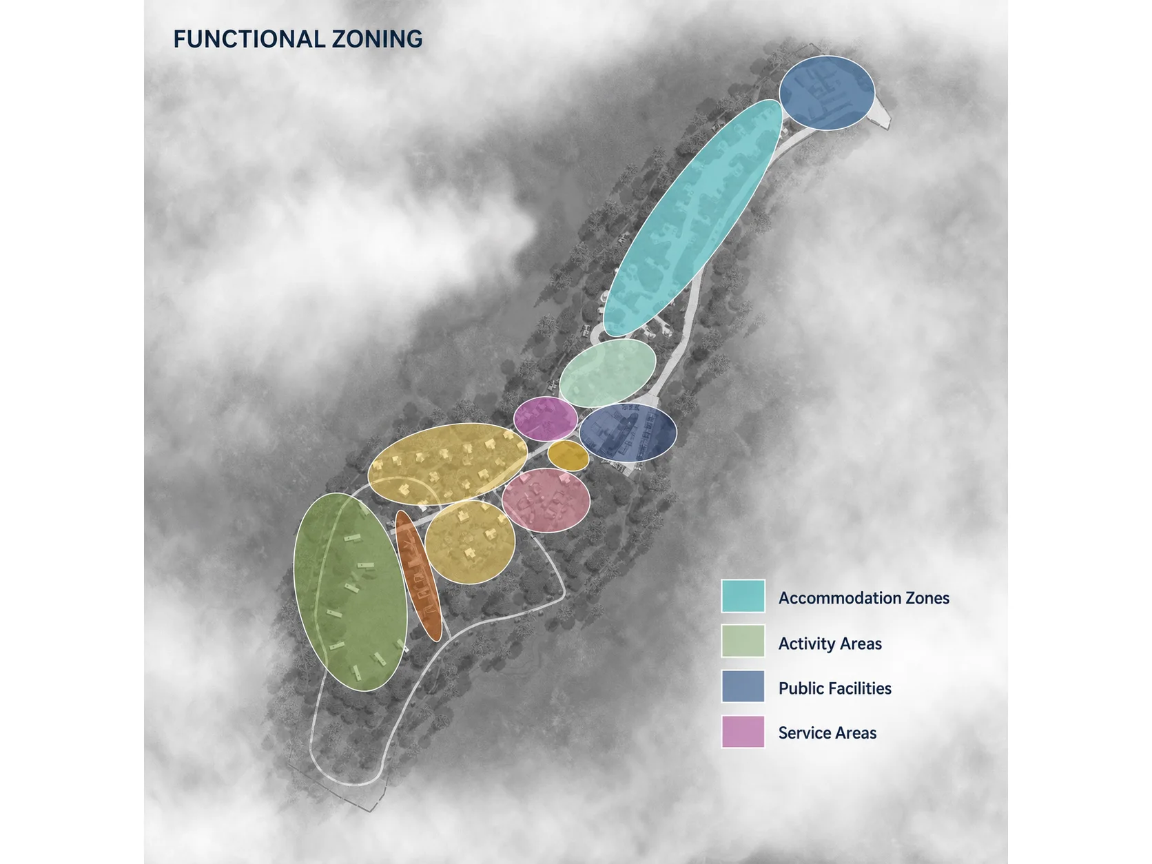 Forest resort functional zoning for accommodation, activity, public facility and service areas