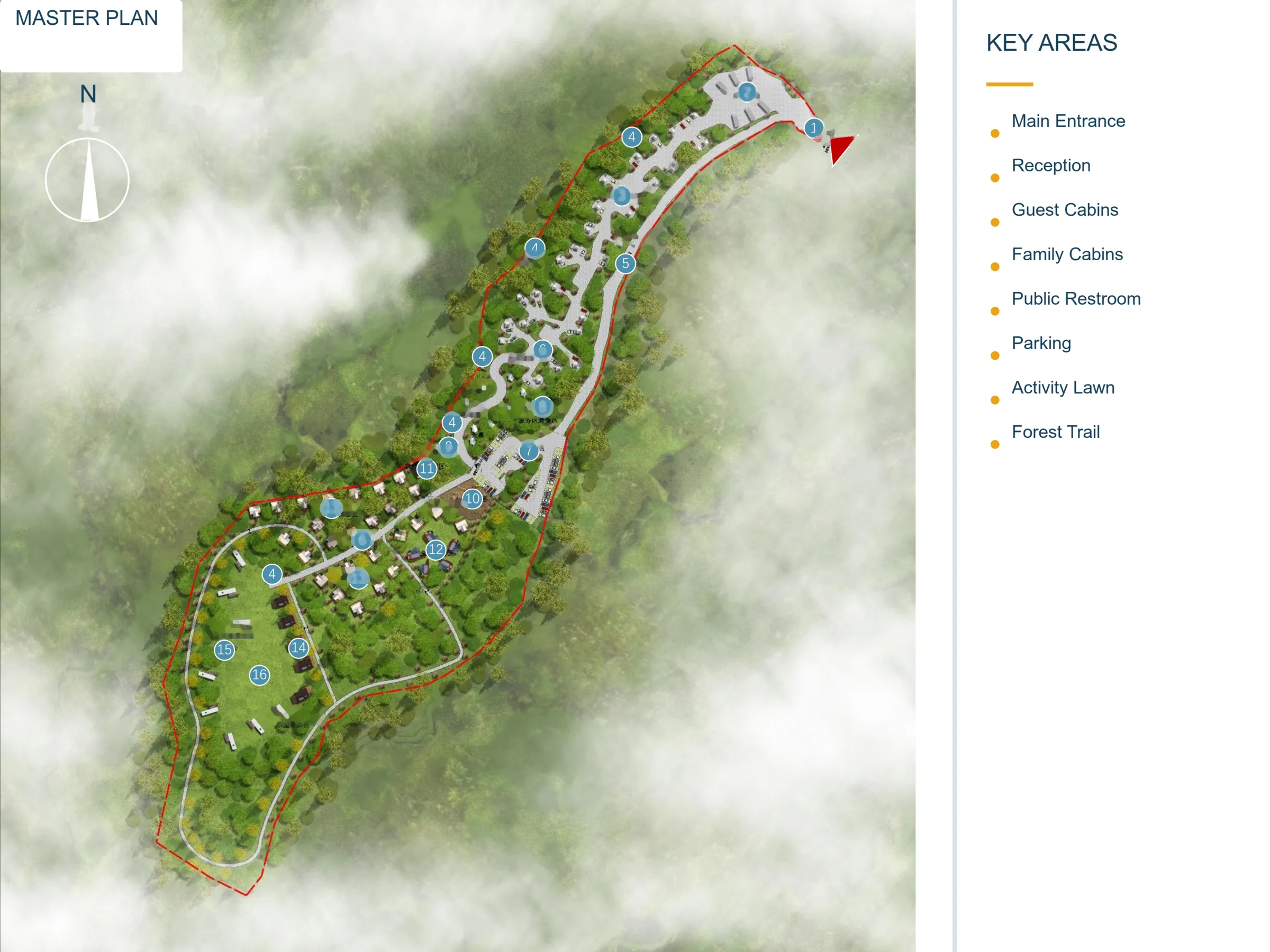 Forest resort plan showing arrival, accommodation, public areas, parking and circulation