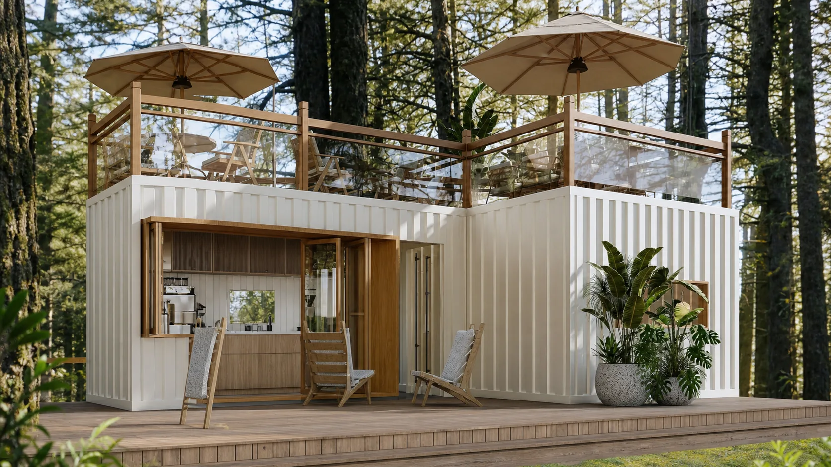 Forest resort reception and café terrace for arrival and shared guest life