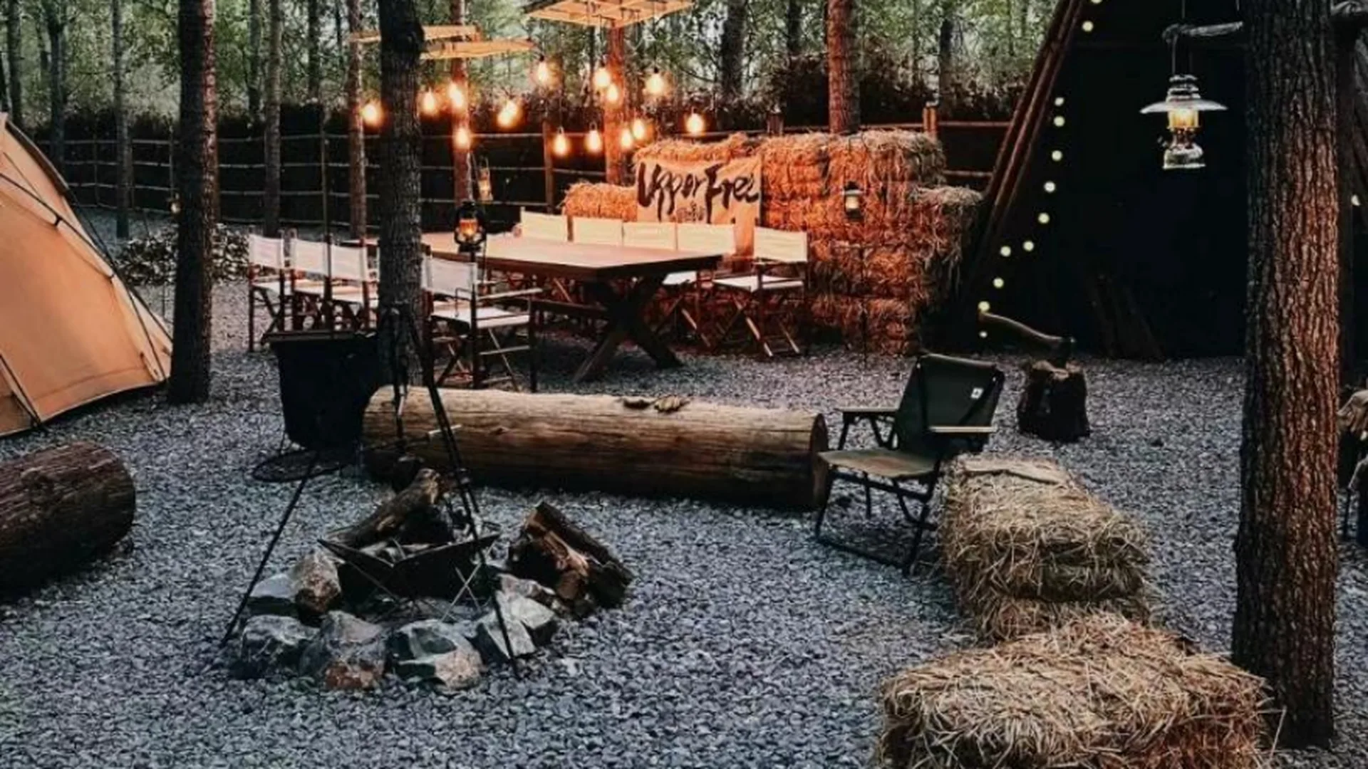 Outdoor forest gathering space with dining, warm lighting and a fire circle