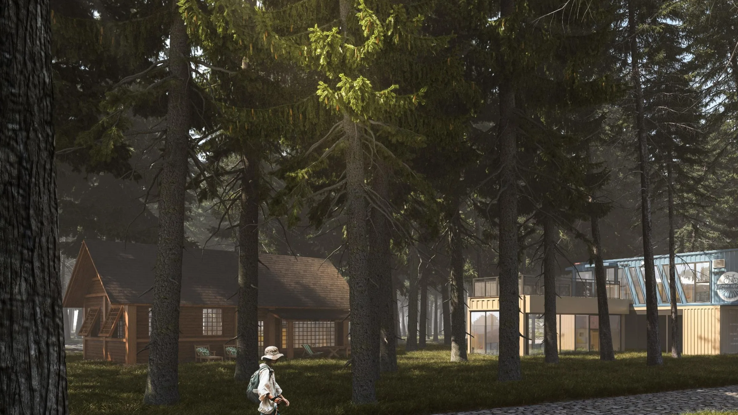 Guest service and shared facility buildings placed within a forest setting