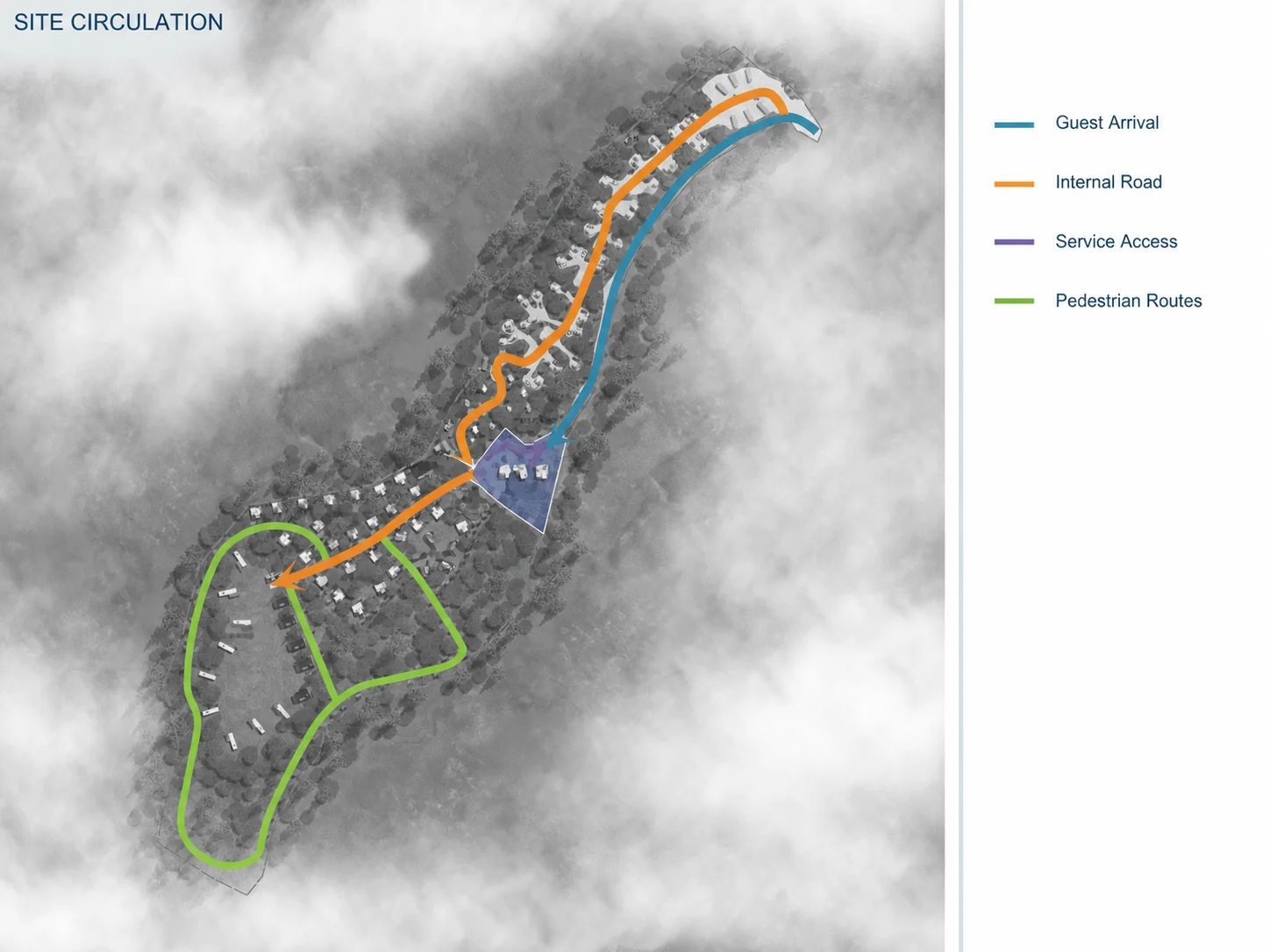 Guest arrival, internal roads, service access and pedestrian routes within a forest resort