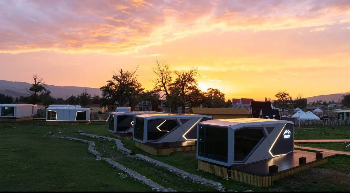 Real capsule cabin project at sunset