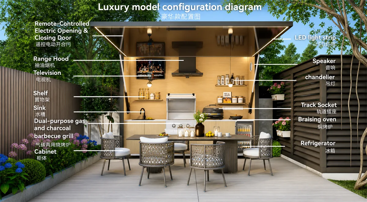 Outdoor kitchen module reference for resort or campsite support area