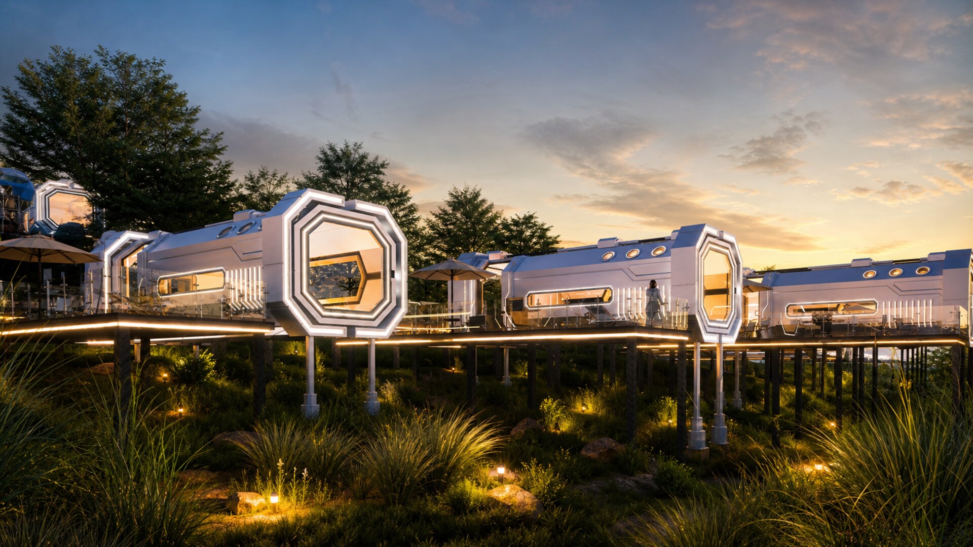 Modular resort cabins arranged for lake views, landscaped privacy and practical access