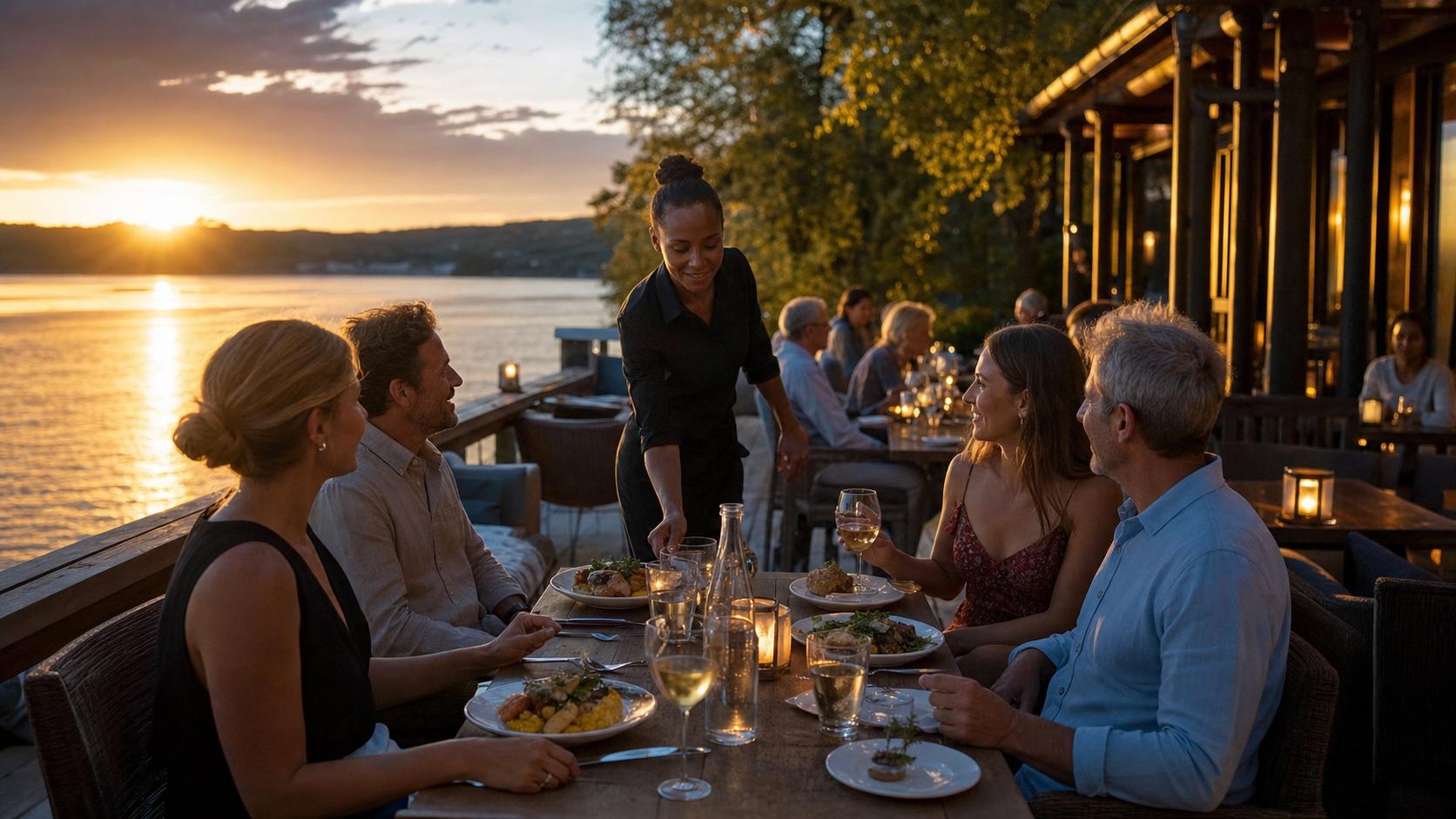 Concept visualization of sunset dining within a premium lake resort development