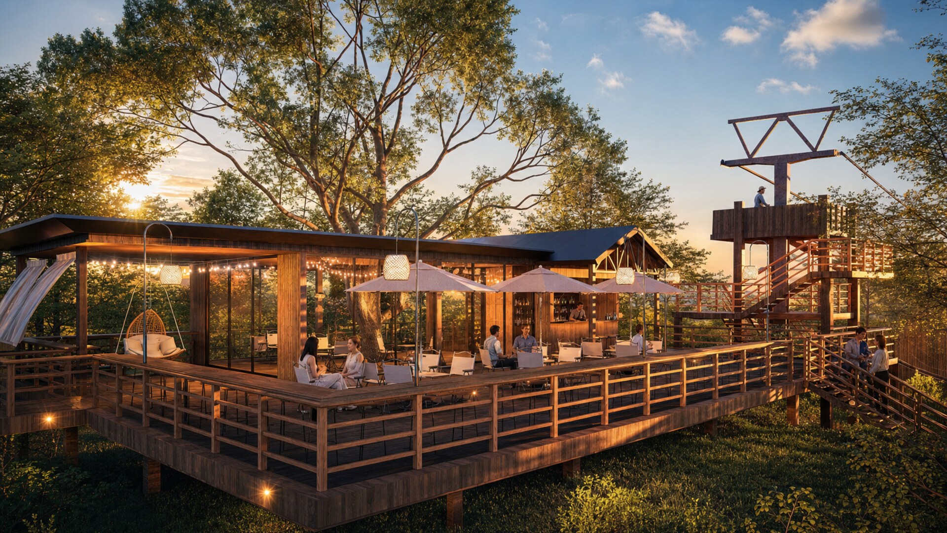 Lake-view dining and social space supporting café service and guest gatherings