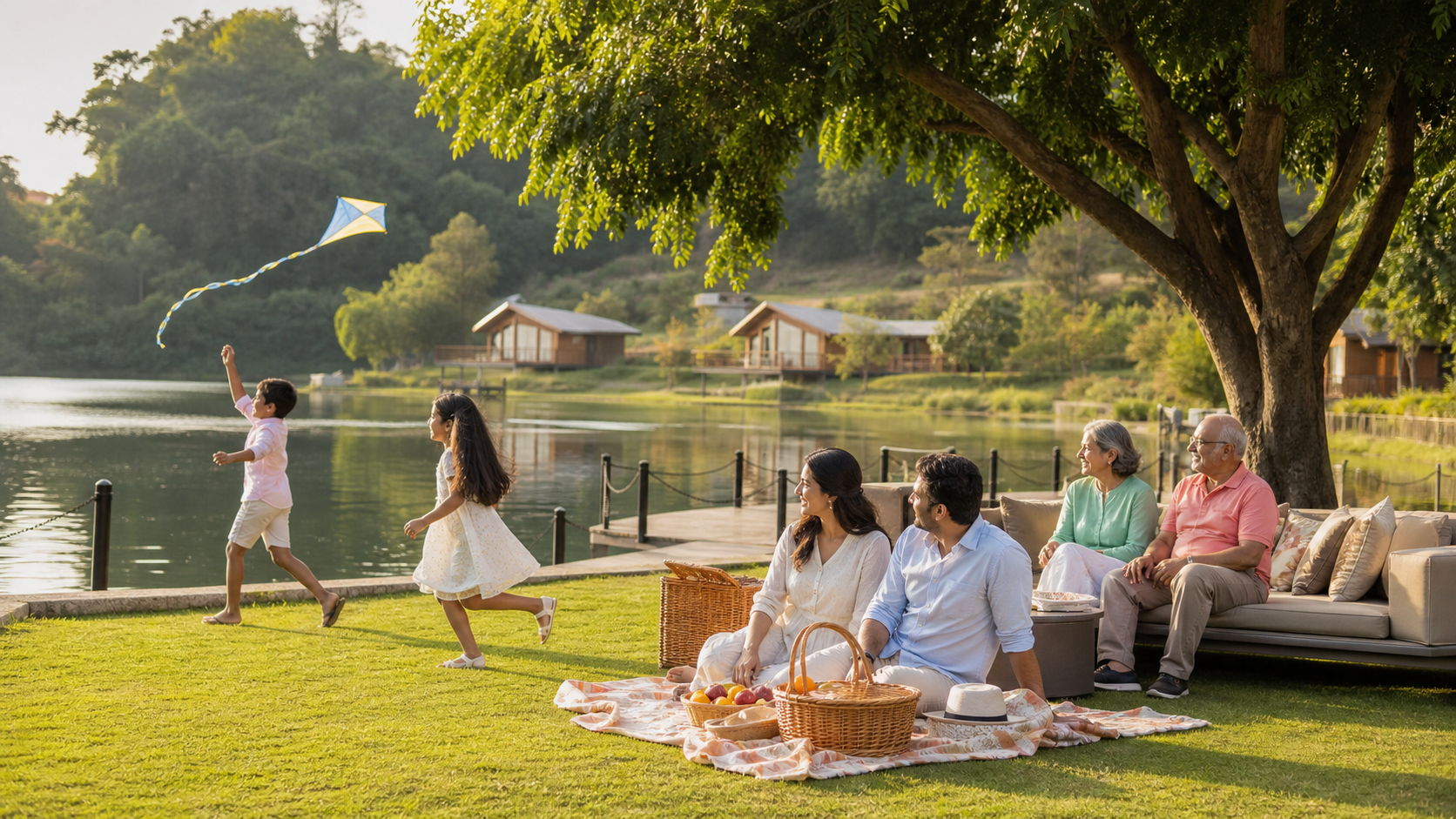 Illustrative family leisure experience in a landscaped lake resort setting