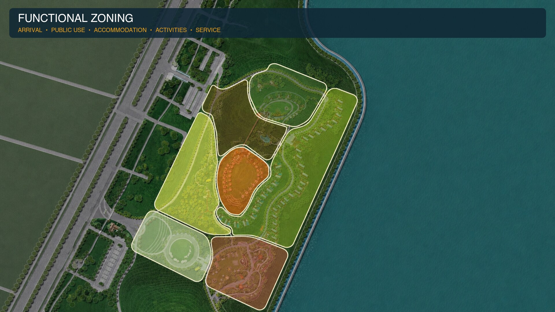 Lake resort functional zoning for modular cabins, activities, public facilities and service areas