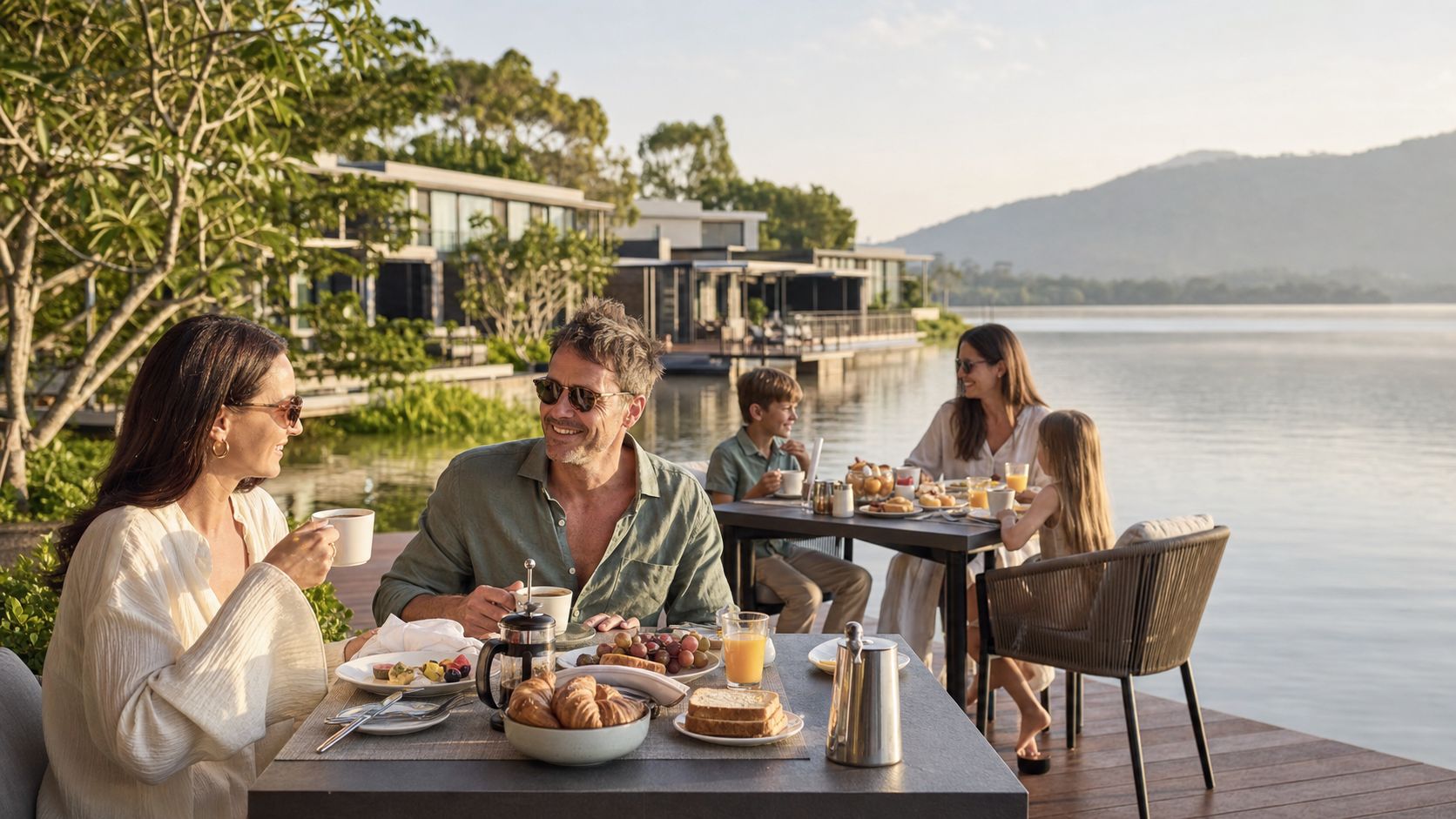 Concept visualization of guests enjoying breakfast beside a lake resort