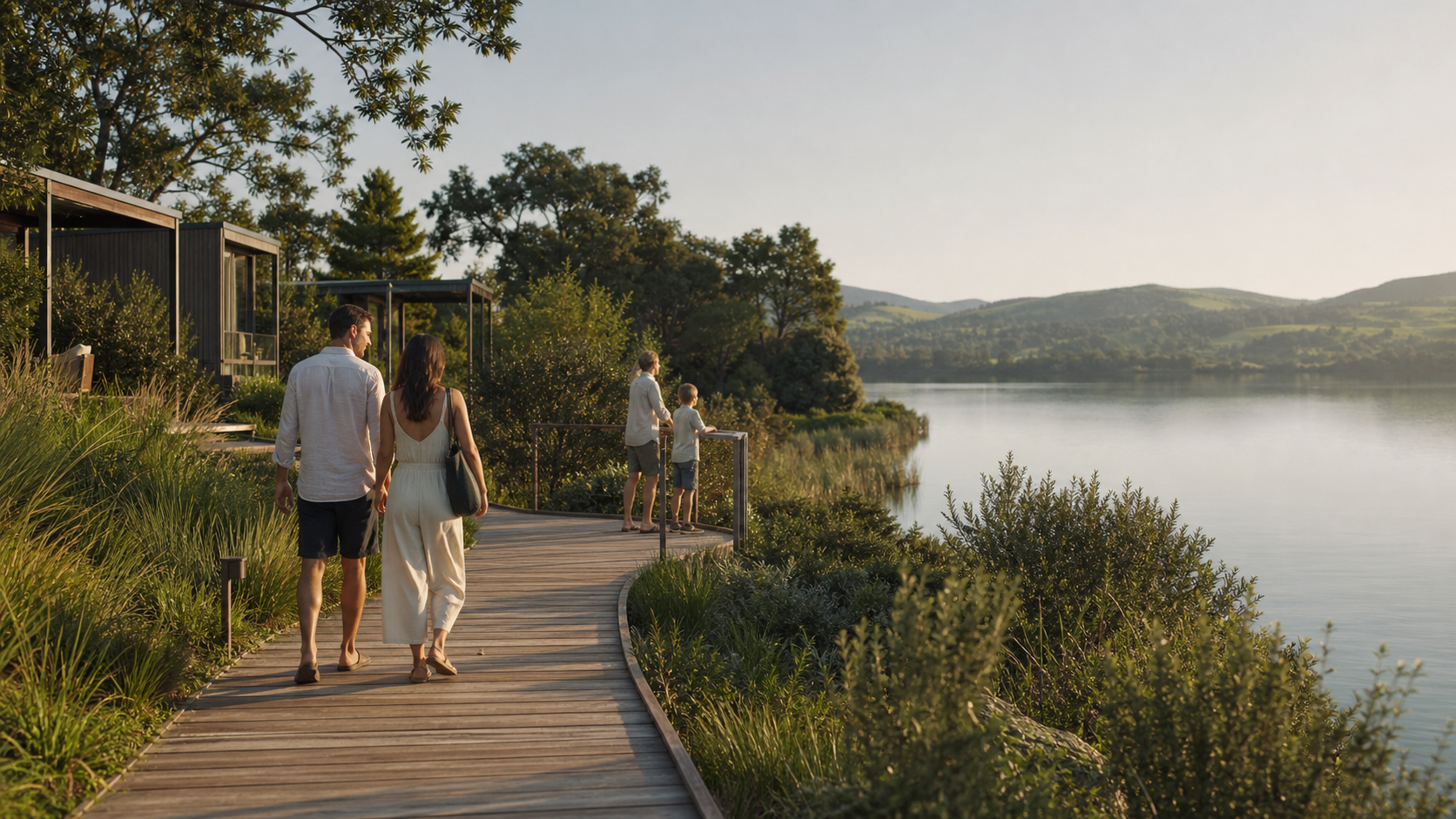 Illustrative lake resort experience with guests walking along a landscaped waterfront path