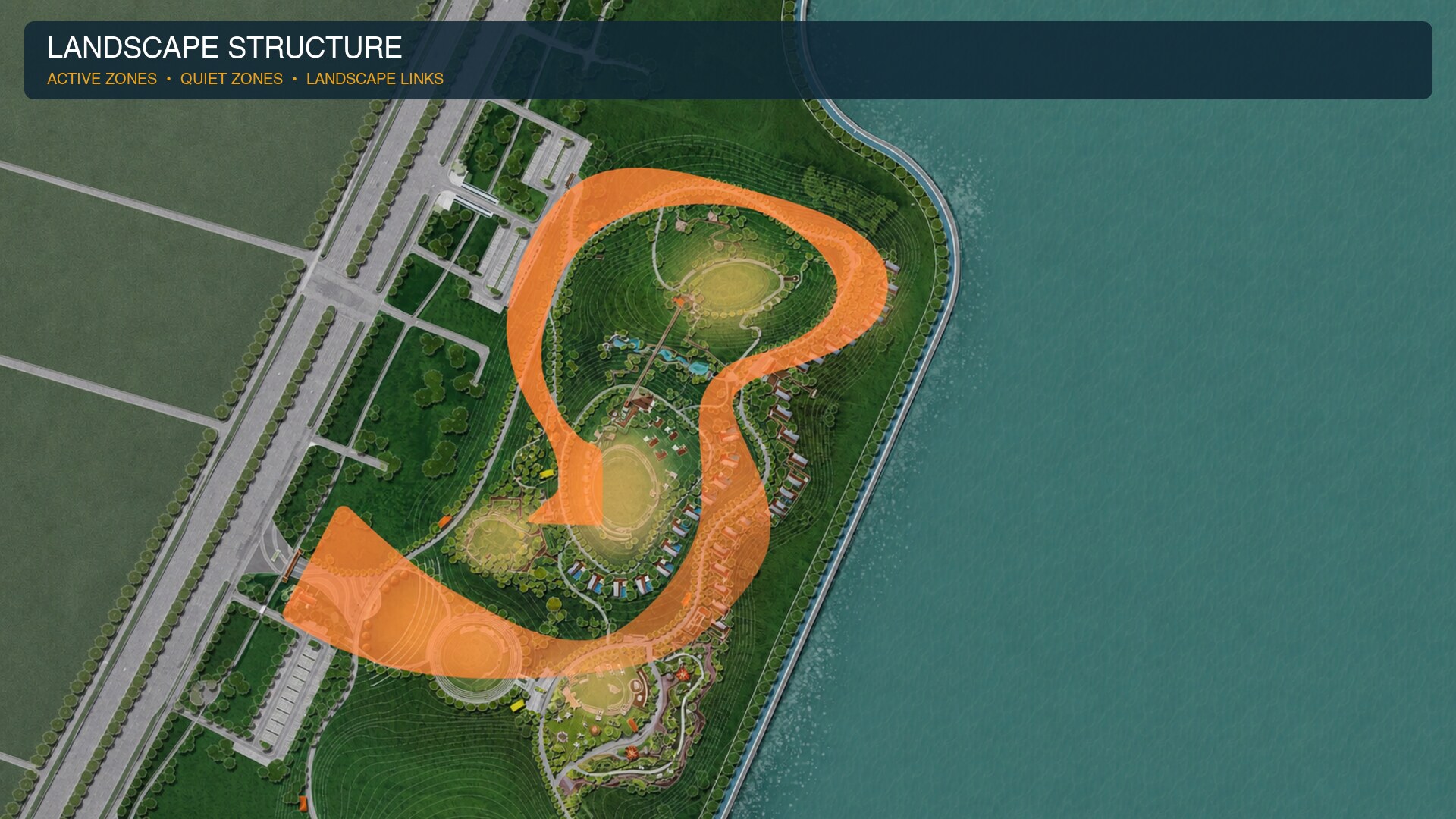 Lake resort landscape structure connecting waterfront activities, paths and modular accommodation