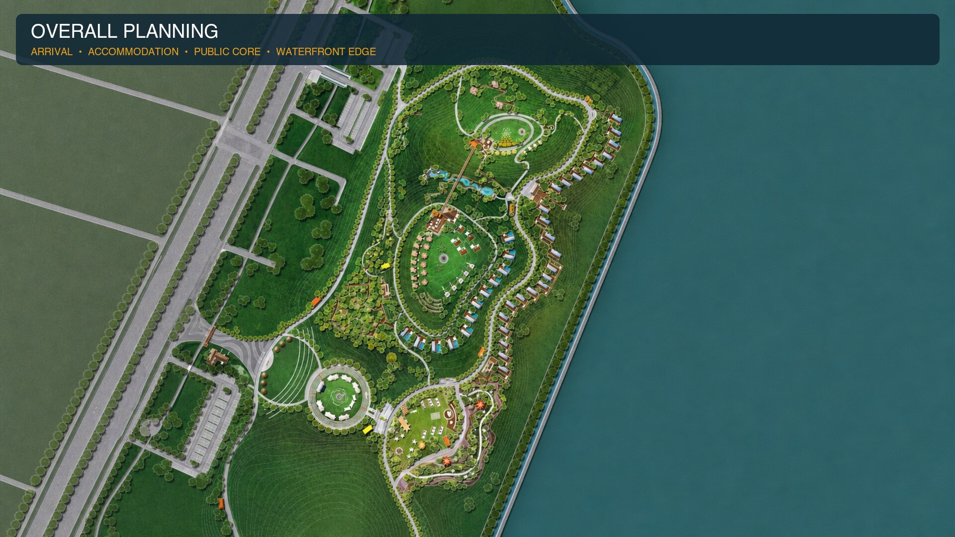 Waterfront resort planning master plan showing shoreline, accommodation, public areas and circulation
