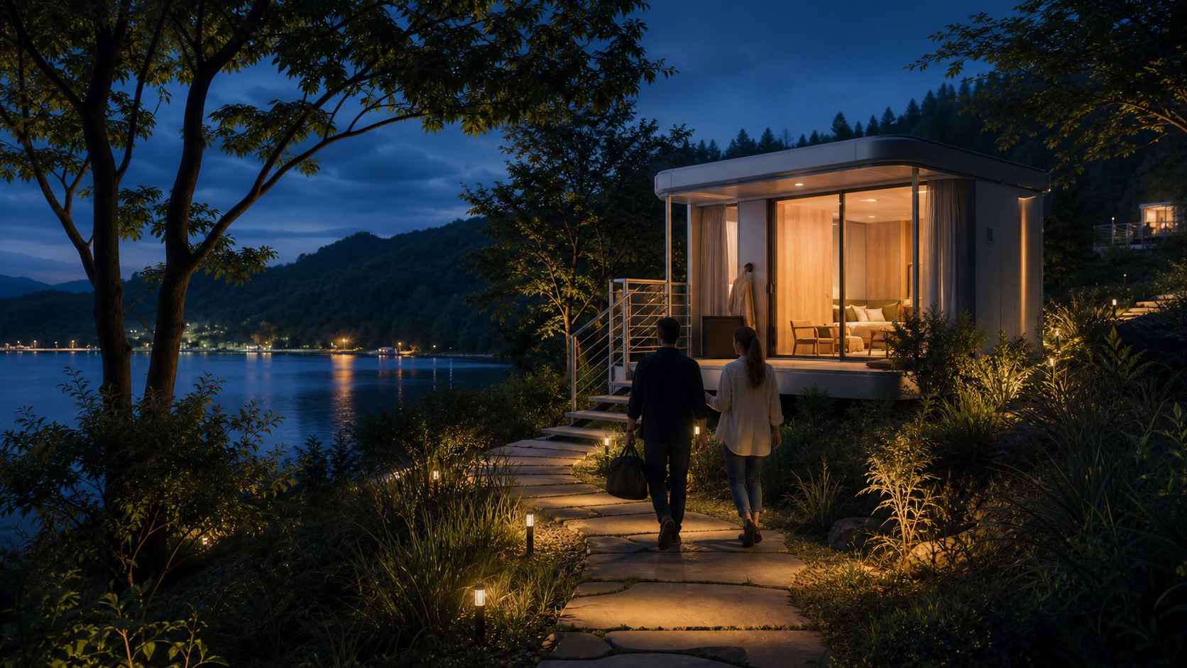 Concept visualization of a warm night arrival at a modular lake resort cabin