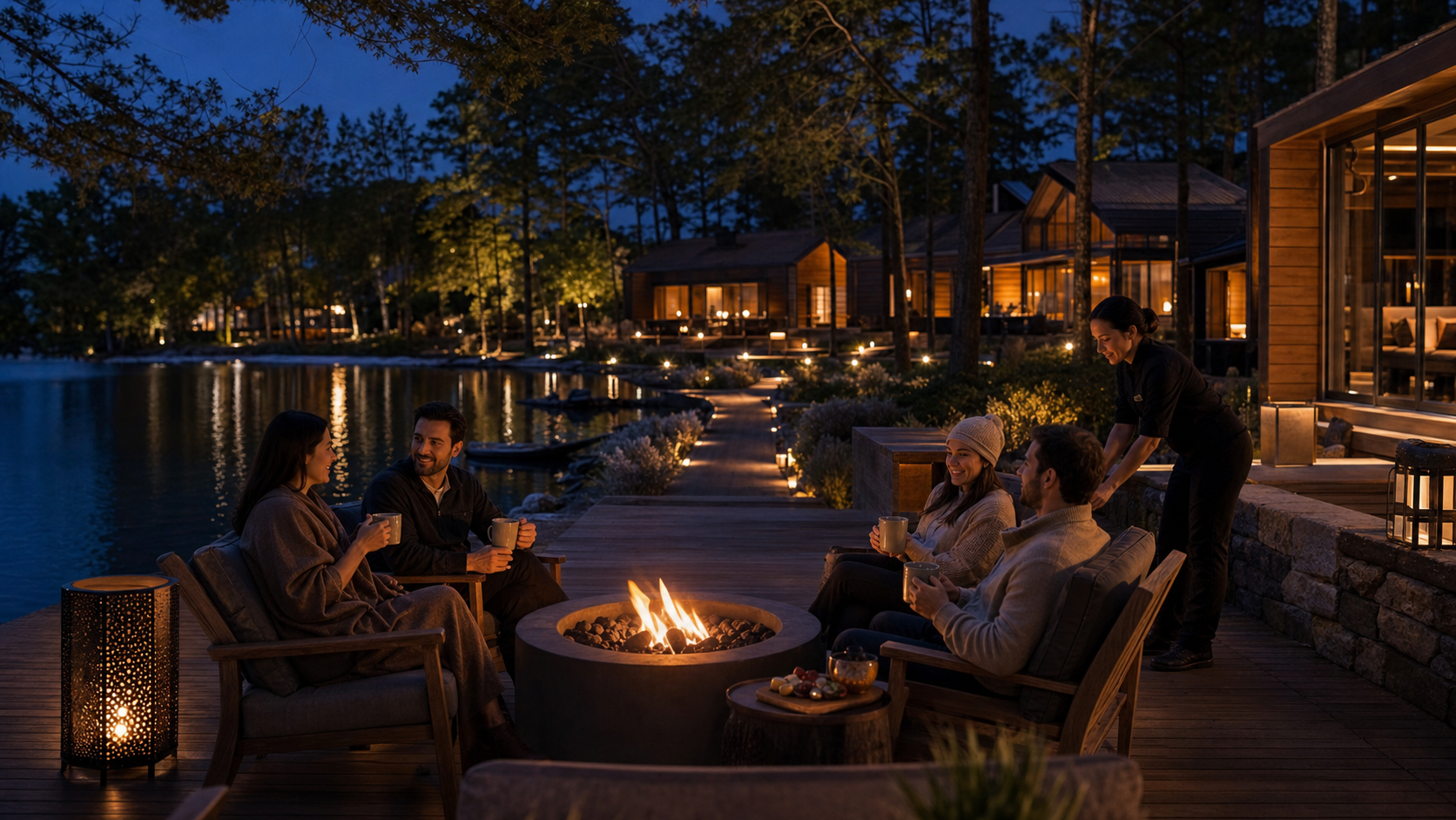 Concept visualization of a warm evening social atmosphere beside a lake resort