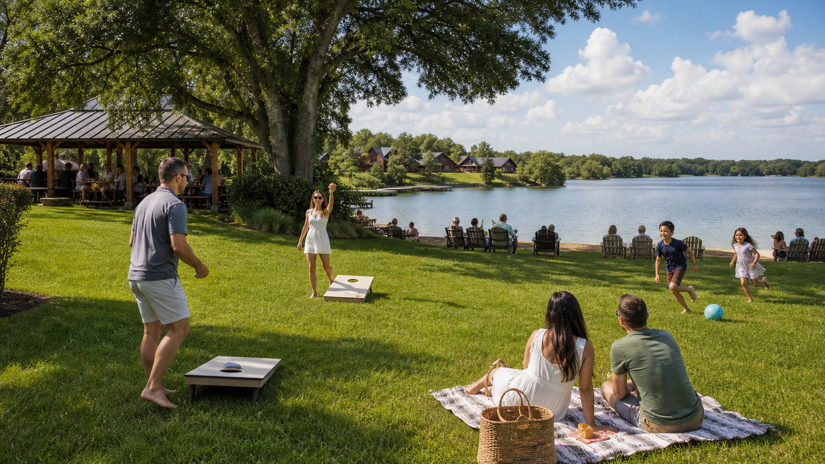 Illustrative resort experience with a flexible activity lawn beside the lake