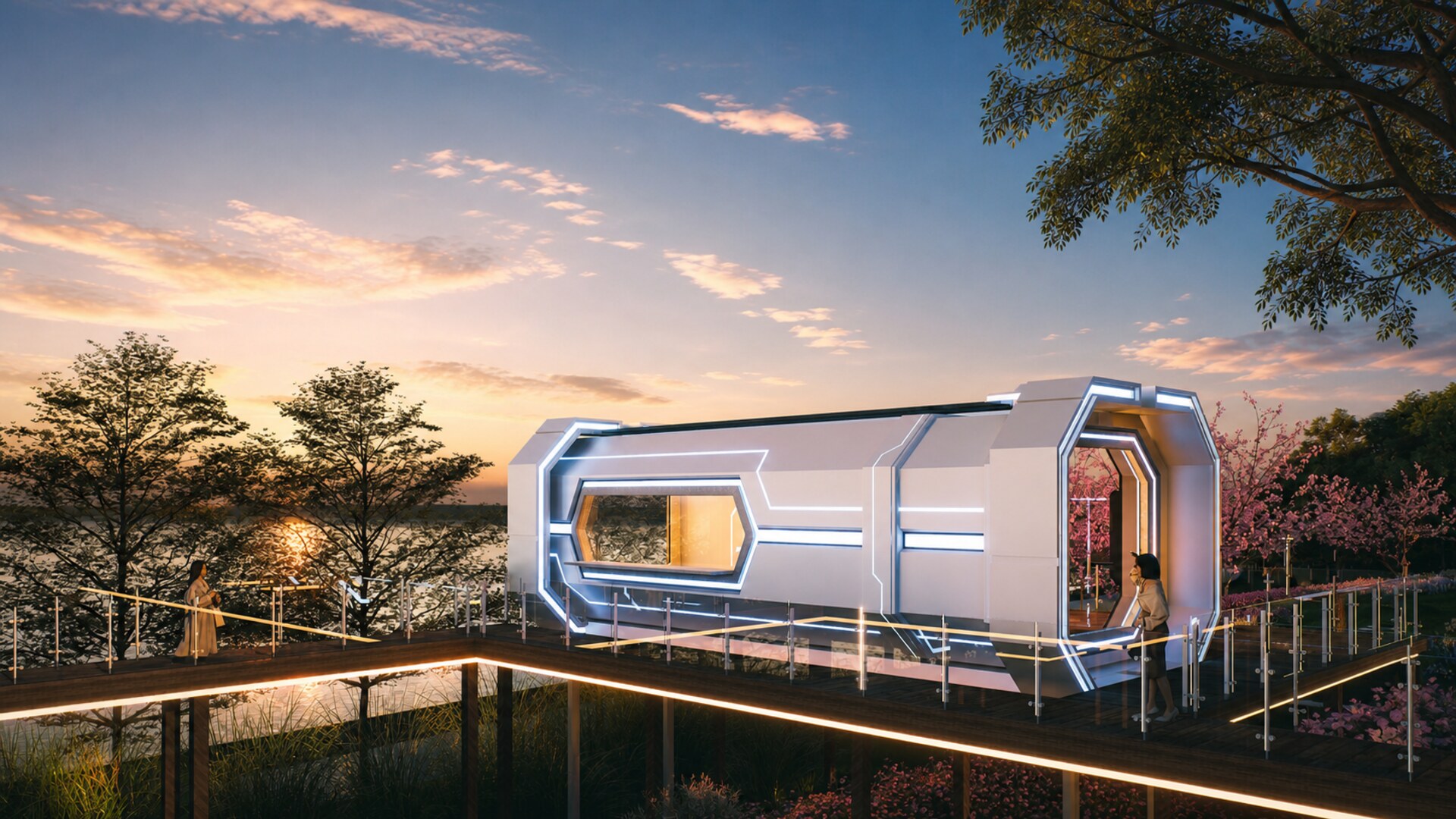 Panoramic modular resort cabin designed to frame a private lake view