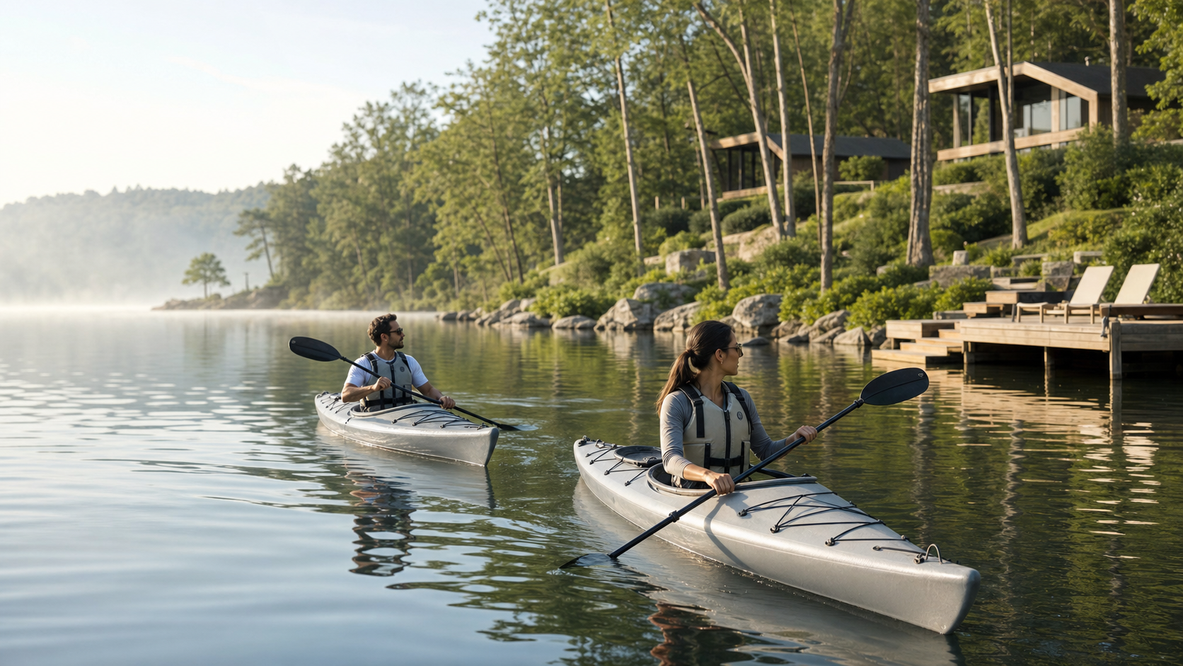 Illustrative resort experience with premium kayaking on a quiet lake