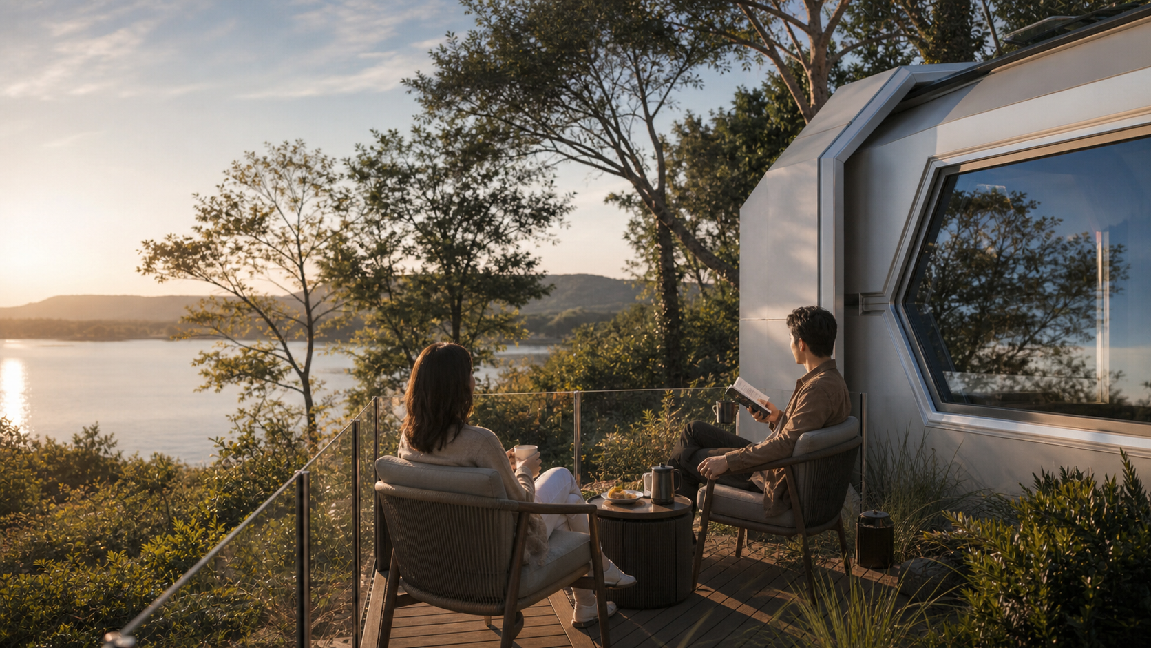 Concept visualization of a private terrace beside a modular lake resort cabin