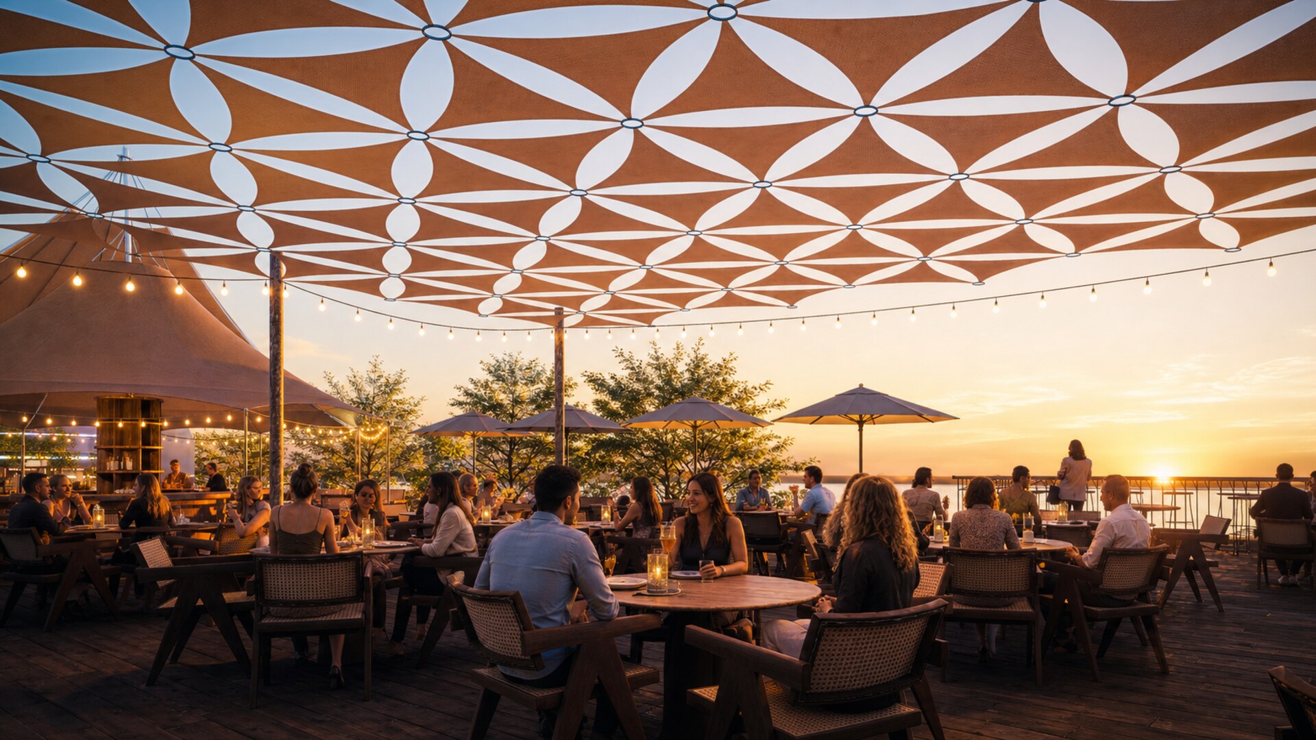 Waterfront public area connecting lake-view dining, social space and resort guest life