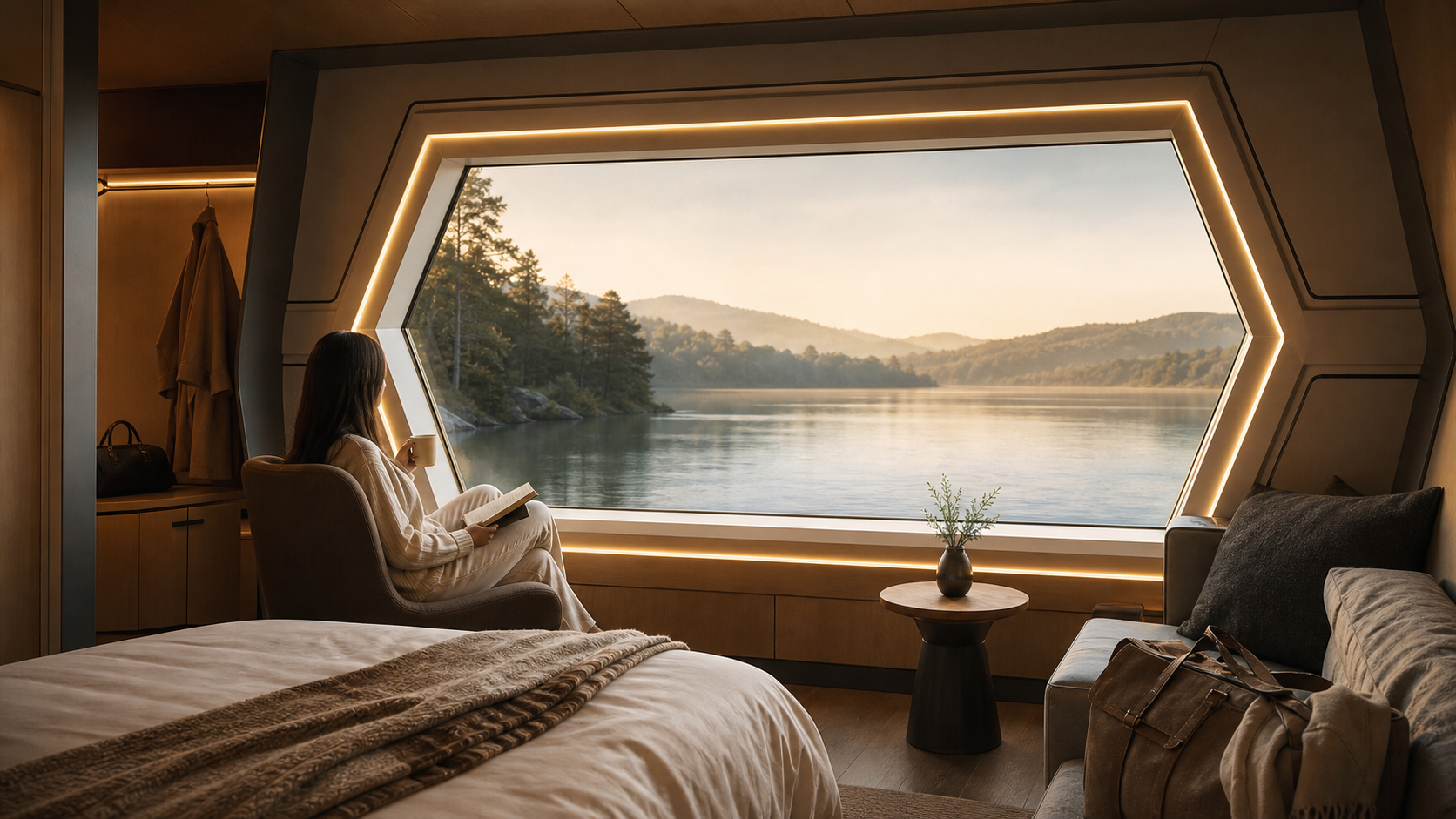 Concept visualization of a lake-view room experience in a modular resort cabin
