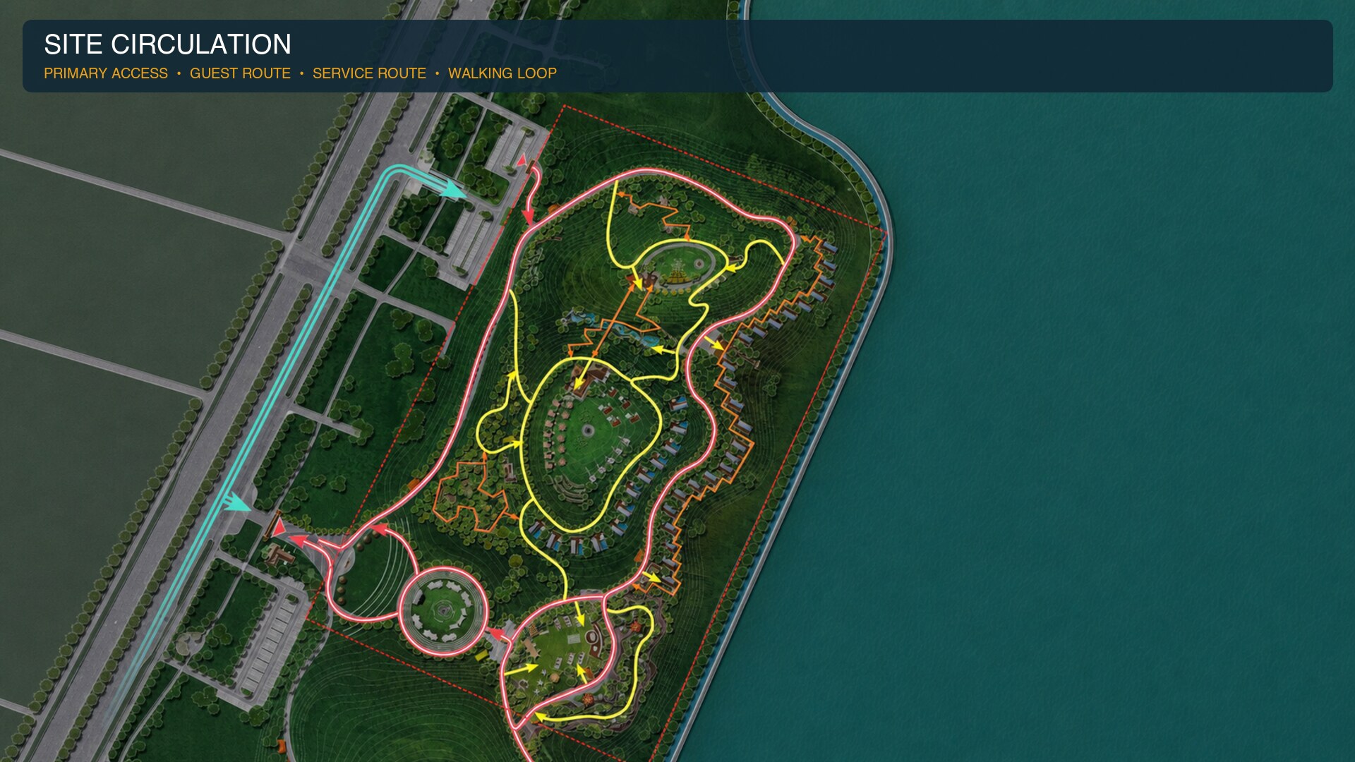 Waterfront resort circulation plan for guest arrival, walking routes and service access