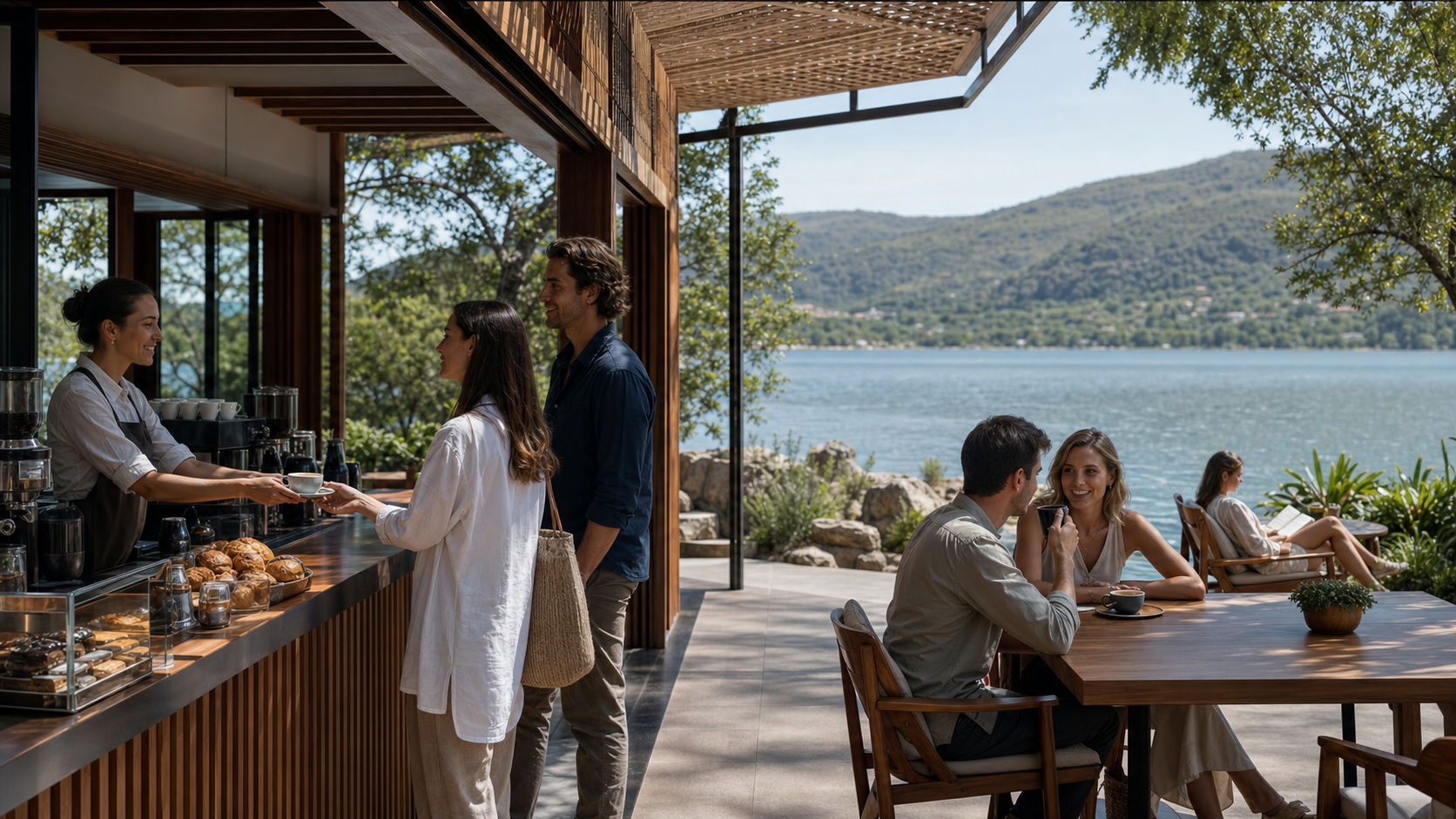 Concept visualization of a waterfront café for a lake resort solution