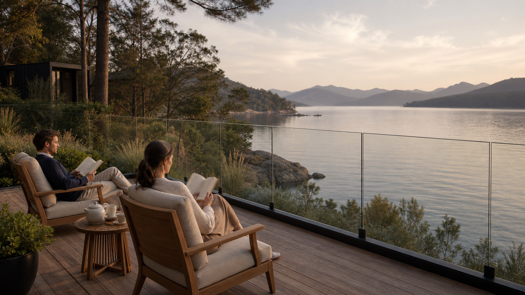 Concept visualization of a quiet waterfront leisure platform in a premium lake resort