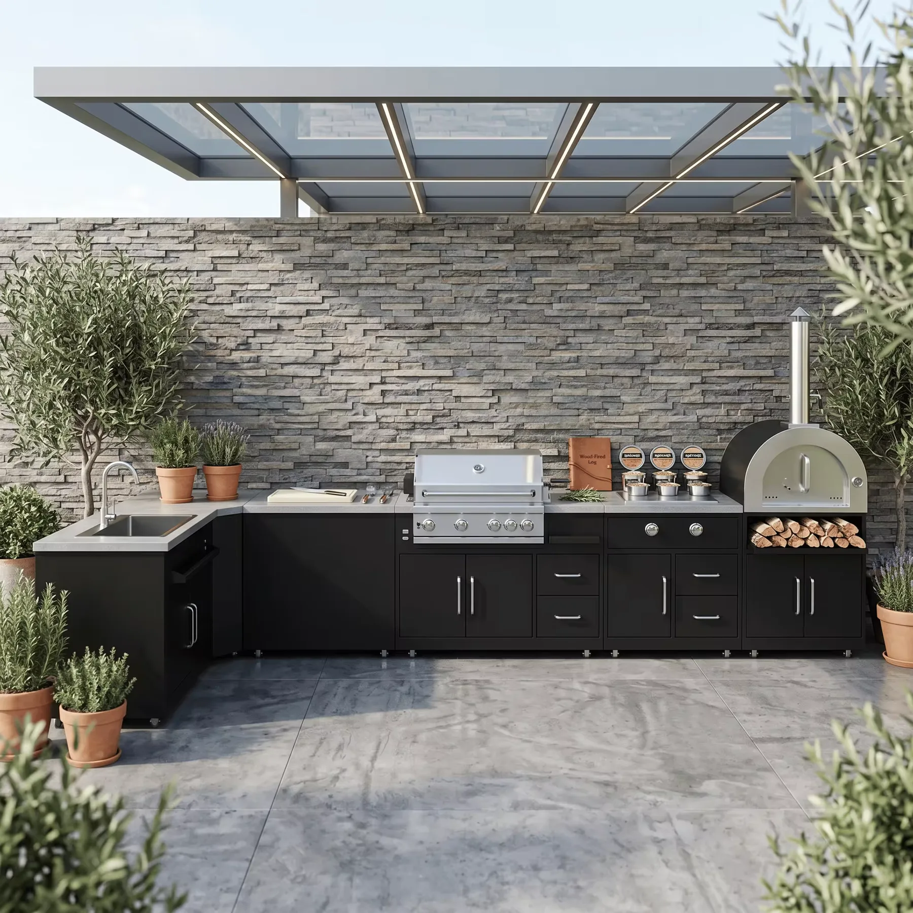Open modular outdoor kitchen with connected cabinets, sink, grill and preparation space