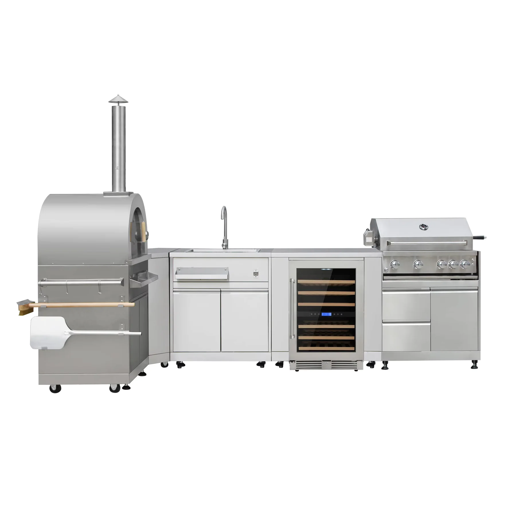 Freestanding open modular outdoor kitchen island with cooking, sink and cooling modules