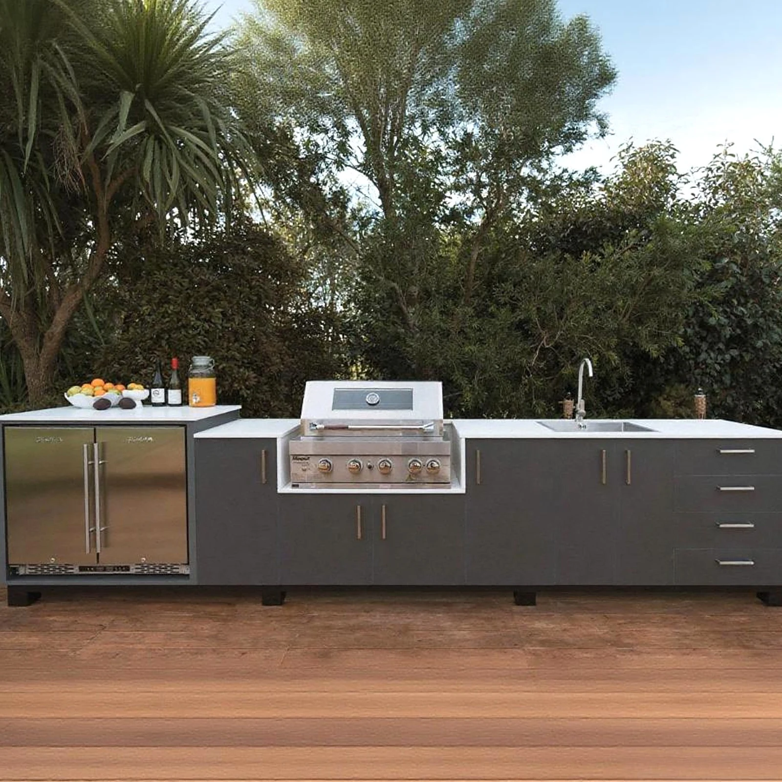 Linear open modular outdoor kitchen cabinet arrangement