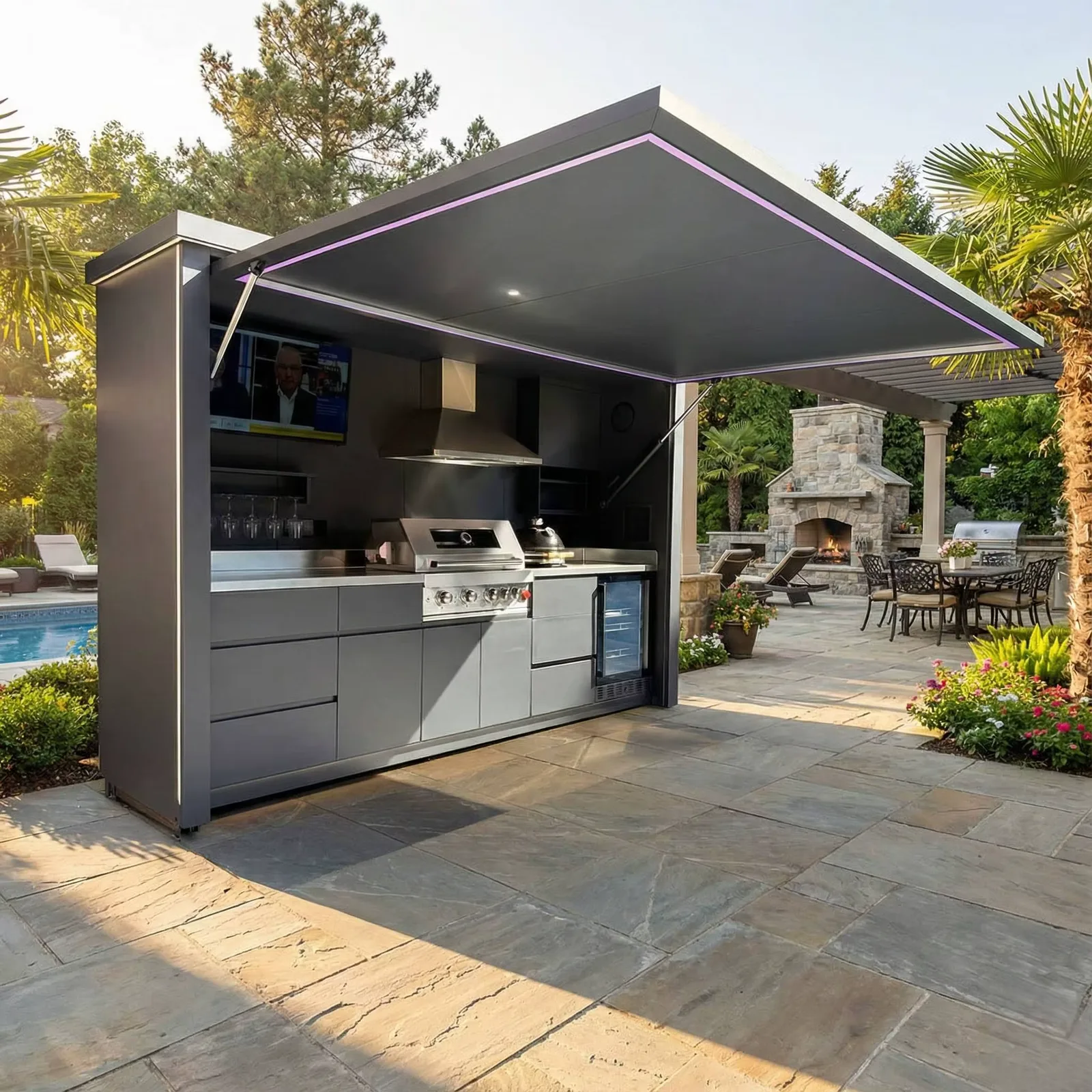 Dark painted closable awning-style outdoor kitchen in a terrace setting