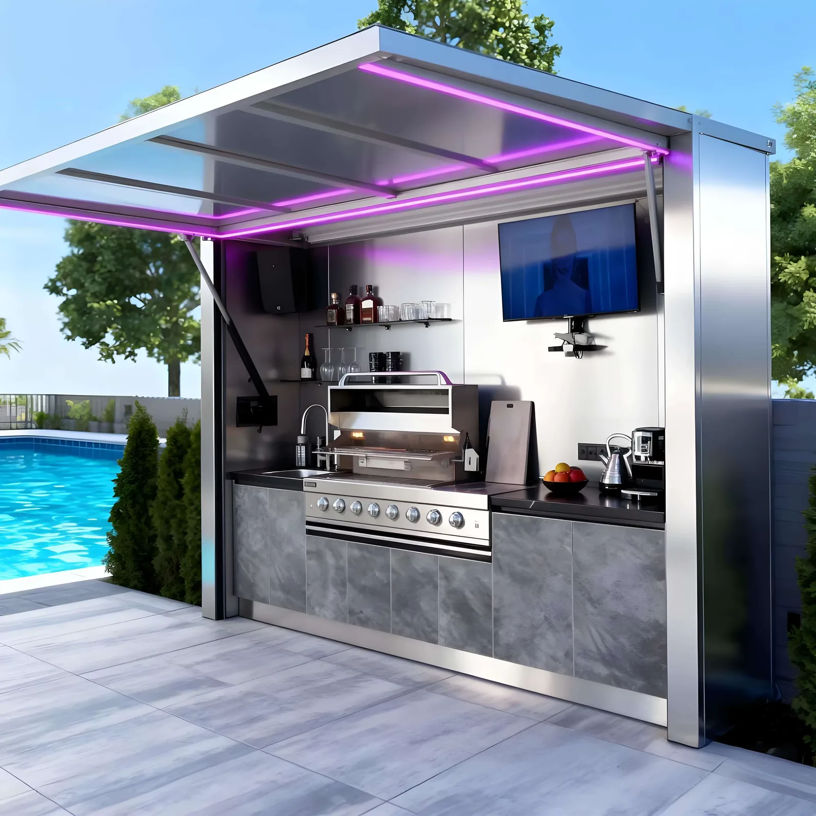 Awning-style outdoor kitchen beside a swimming pool