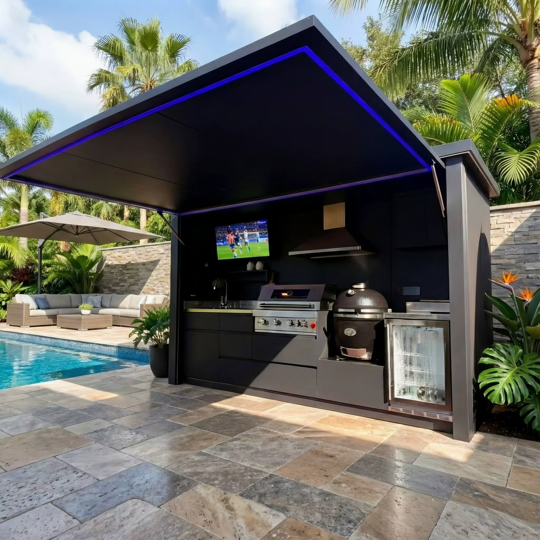 Dark awning-style outdoor kitchen beside a swimming pool