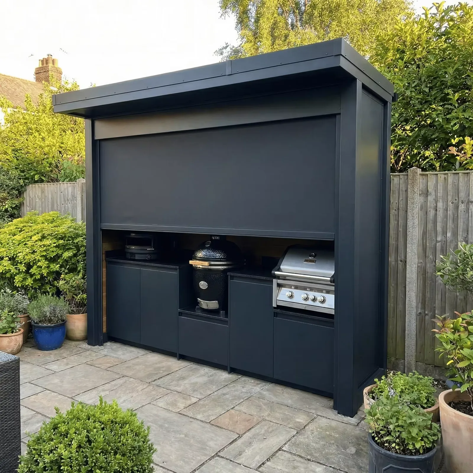 Dark painted closable outdoor kitchen with the front lowered