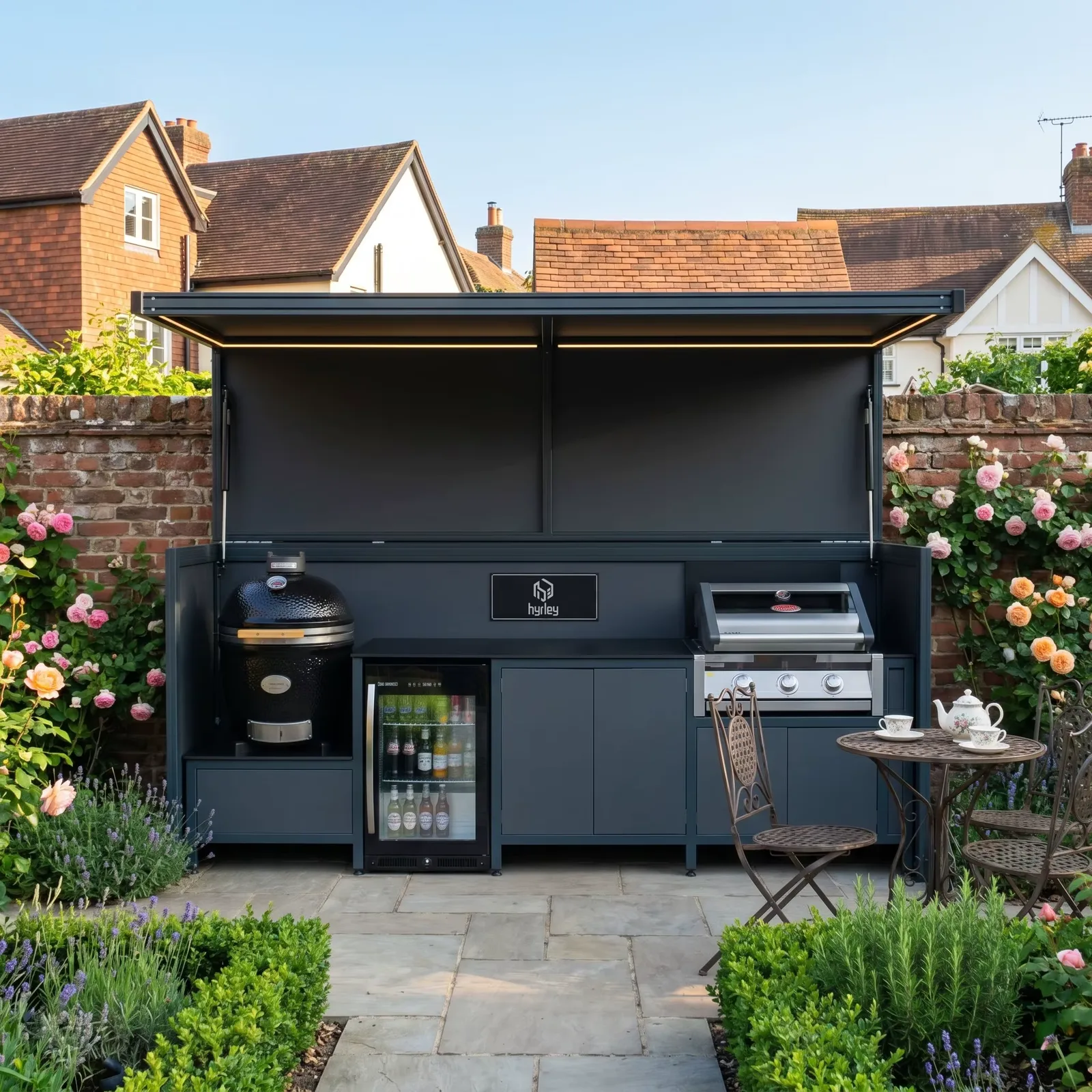 Dark outdoor kitchen framed by brickwork and garden planting