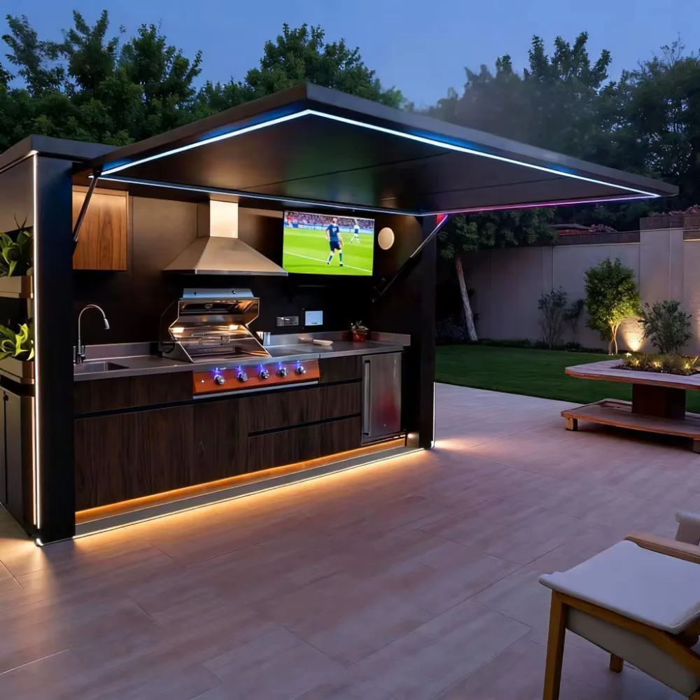 Outdoor kitchen with dark woodgrain cabinet fronts in a garden setting